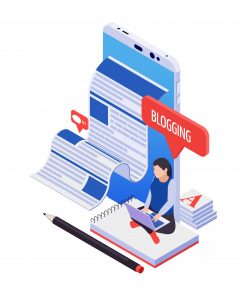 Blogging Isometric Icon with Character – 3D Content Creation Illustration